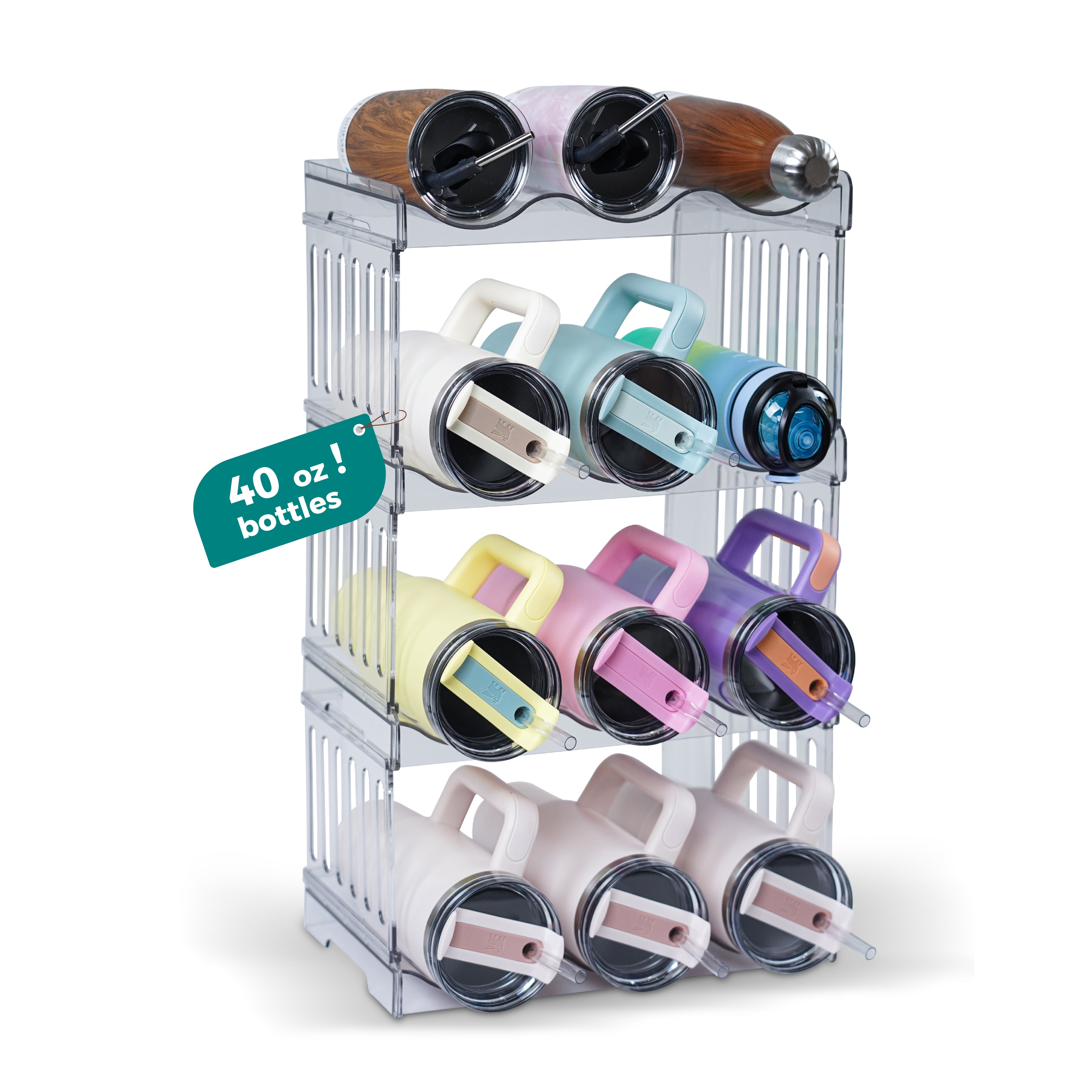 Water Bottle Organizer 4-Tier Set - Heavy Duty Stackable Holder for 40oz Stanley Tumblers & Wine Bottles, Drainable Kitchen Rack, Easy to Clean