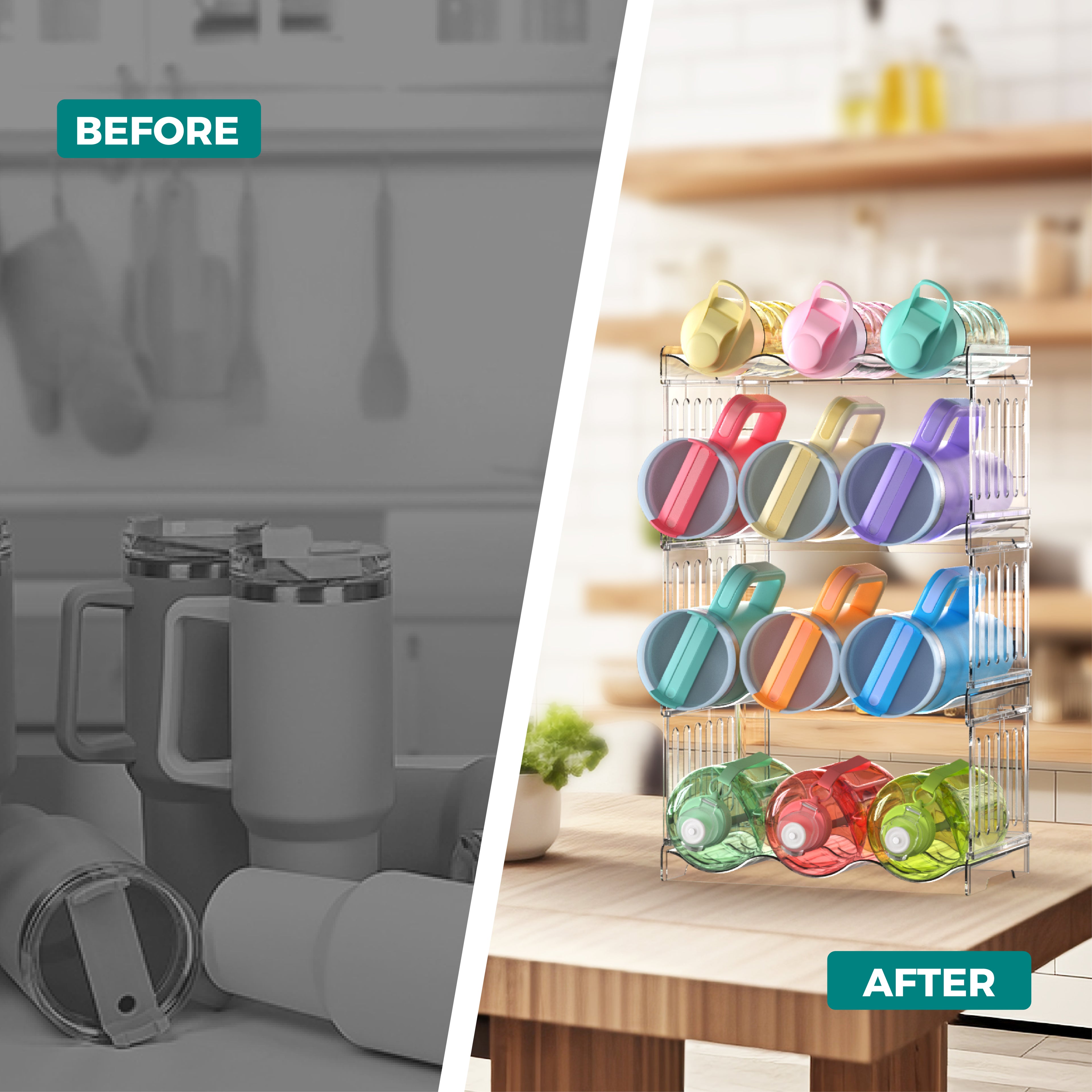 Water Bottle Organizer for 40 oz Stanley, Heavy Duty & Tall Kitchen Organizer and Water Bottle Accessory Organizer, Stackable Water Bottle Holder Wine Rack Gift, Drainable Easy to Clean, 3 Tier Set