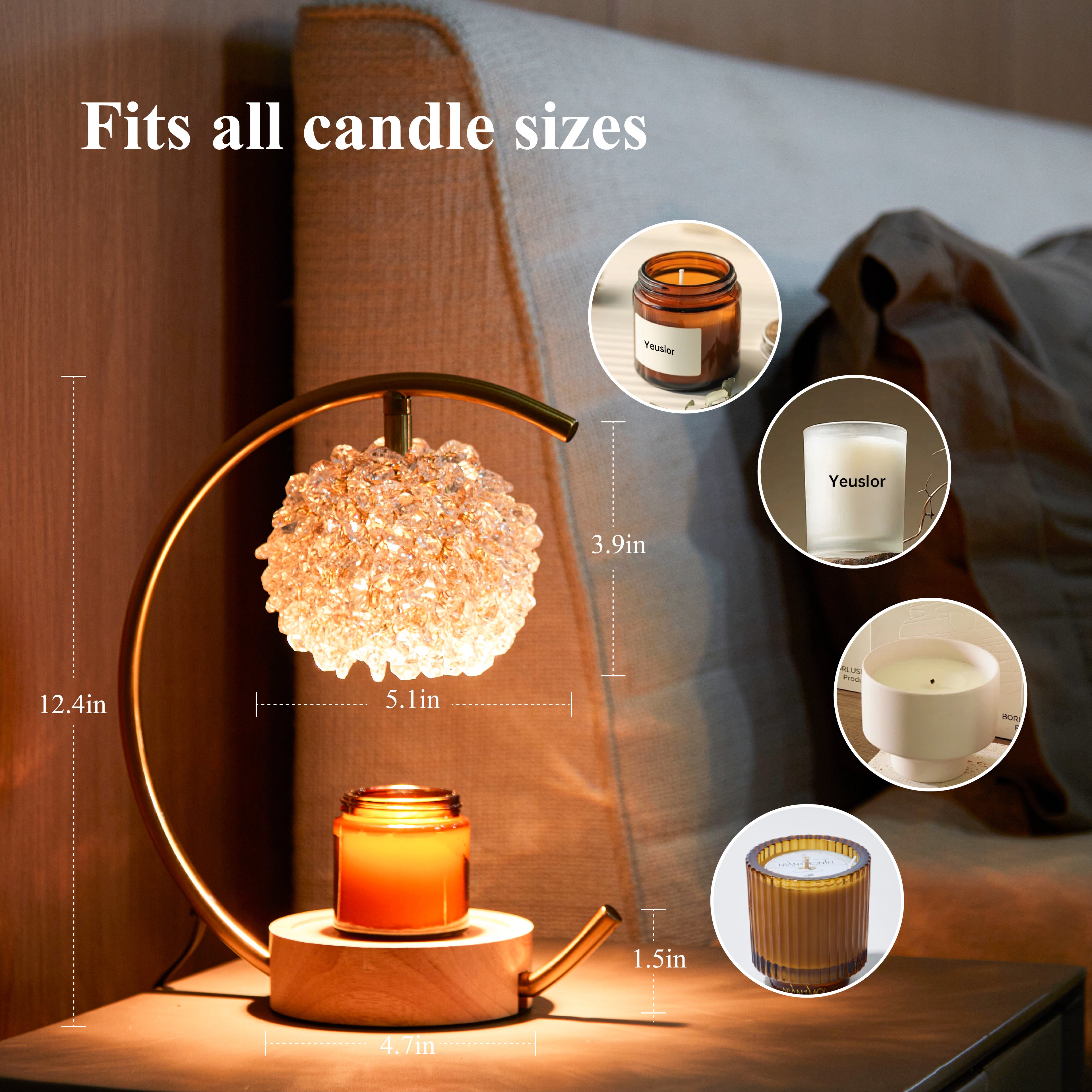 Gold Candle Warmer Lamp for Jar Candles with Adjustable Brightness＆Timer，Handcrafted Crystal＆Wooden Base, Luxurious Design,Home Decoration Electric Candle lamp