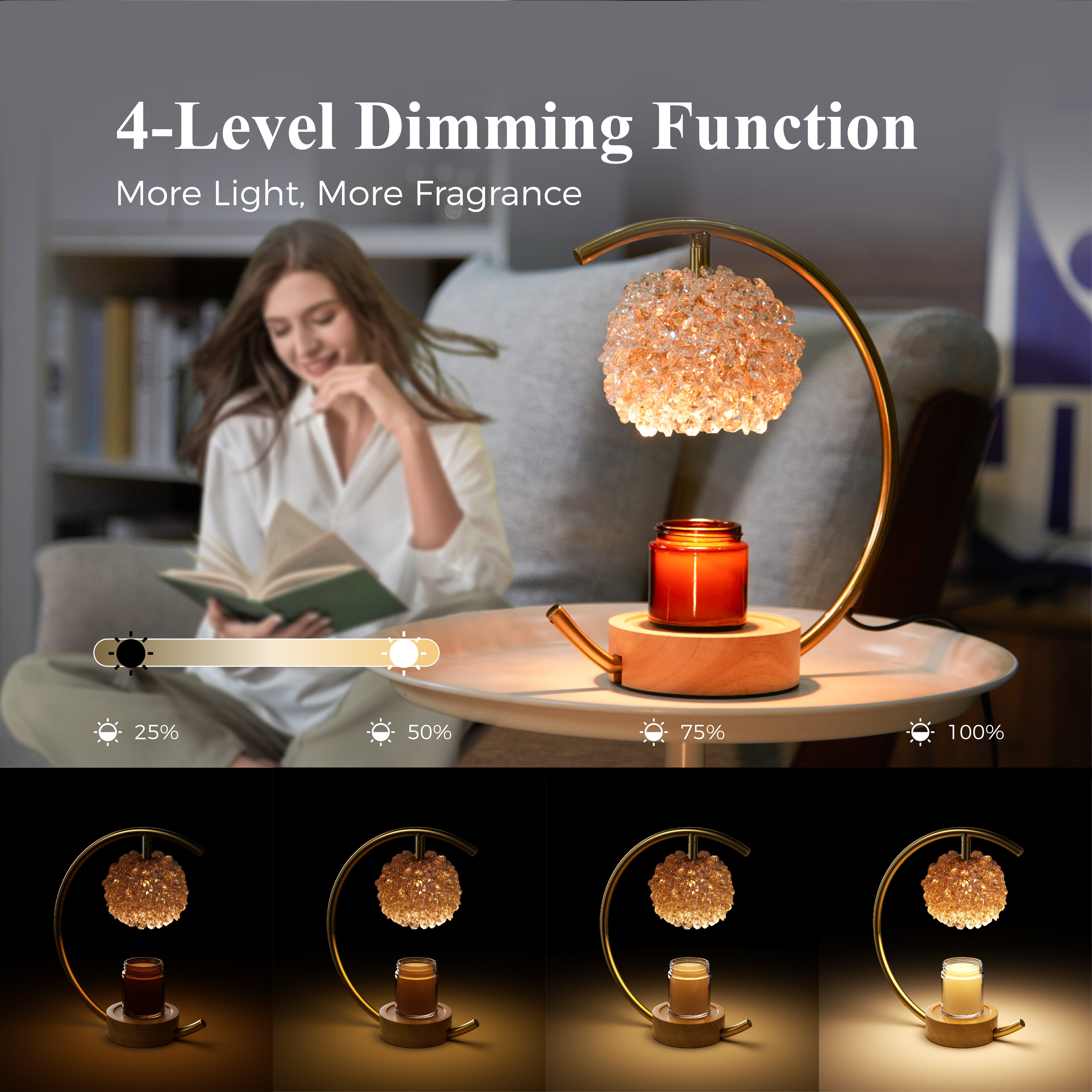 Gold Candle Warmer Lamp for Jar Candles with Adjustable Brightness＆Timer，Handcrafted Crystal＆Wooden Base, Luxurious Design,Home Decoration Electric Candle lamp