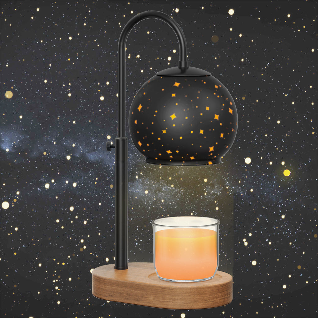 Black Candle Warmer Lamp with Timer&Dimmer，Star Lampshade with Adjustable Height＆Rotatable Pole，Wooden Base for Jar Candles，Wax Melting Electric Warmer Light，Modern Warmer Lantern
