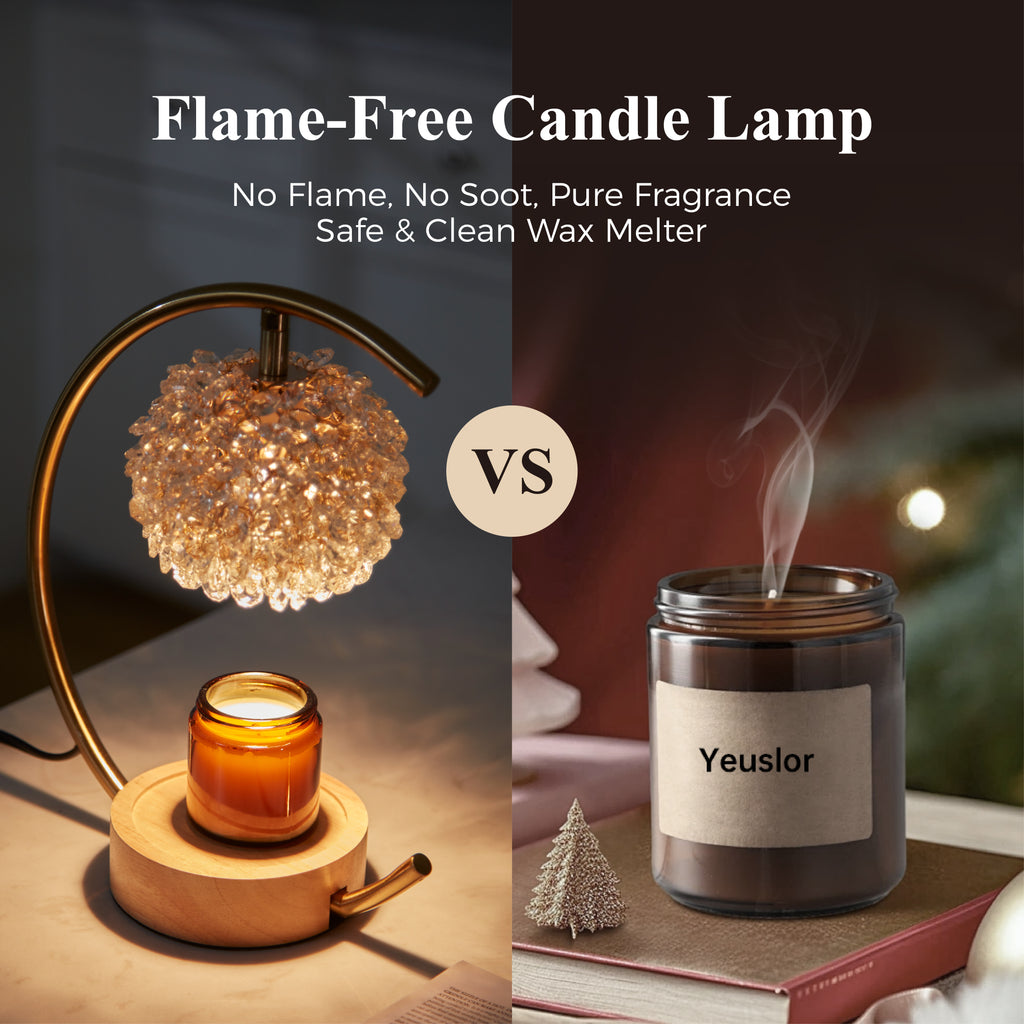 Gold Candle Warmer Lamp for Jar Candles with Adjustable Brightness＆Timer，Handcrafted Crystal＆Wooden Base, Luxurious Design,Home Decoration Electric Candle lamp