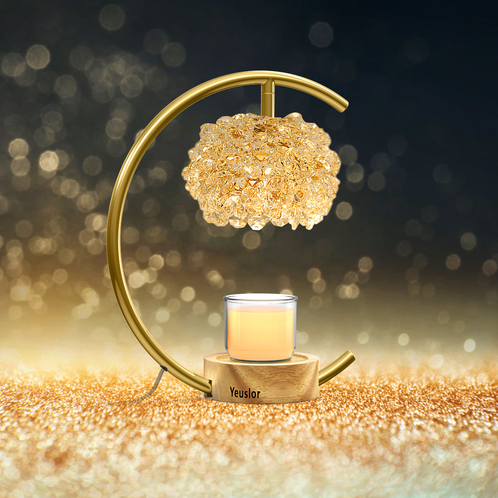 Gold Candle Warmer Lamp for Jar Candles with Adjustable Brightness＆Timer，Handcrafted Crystal＆Wooden Base, Luxurious Design,Home Decoration Electric Candle lamp