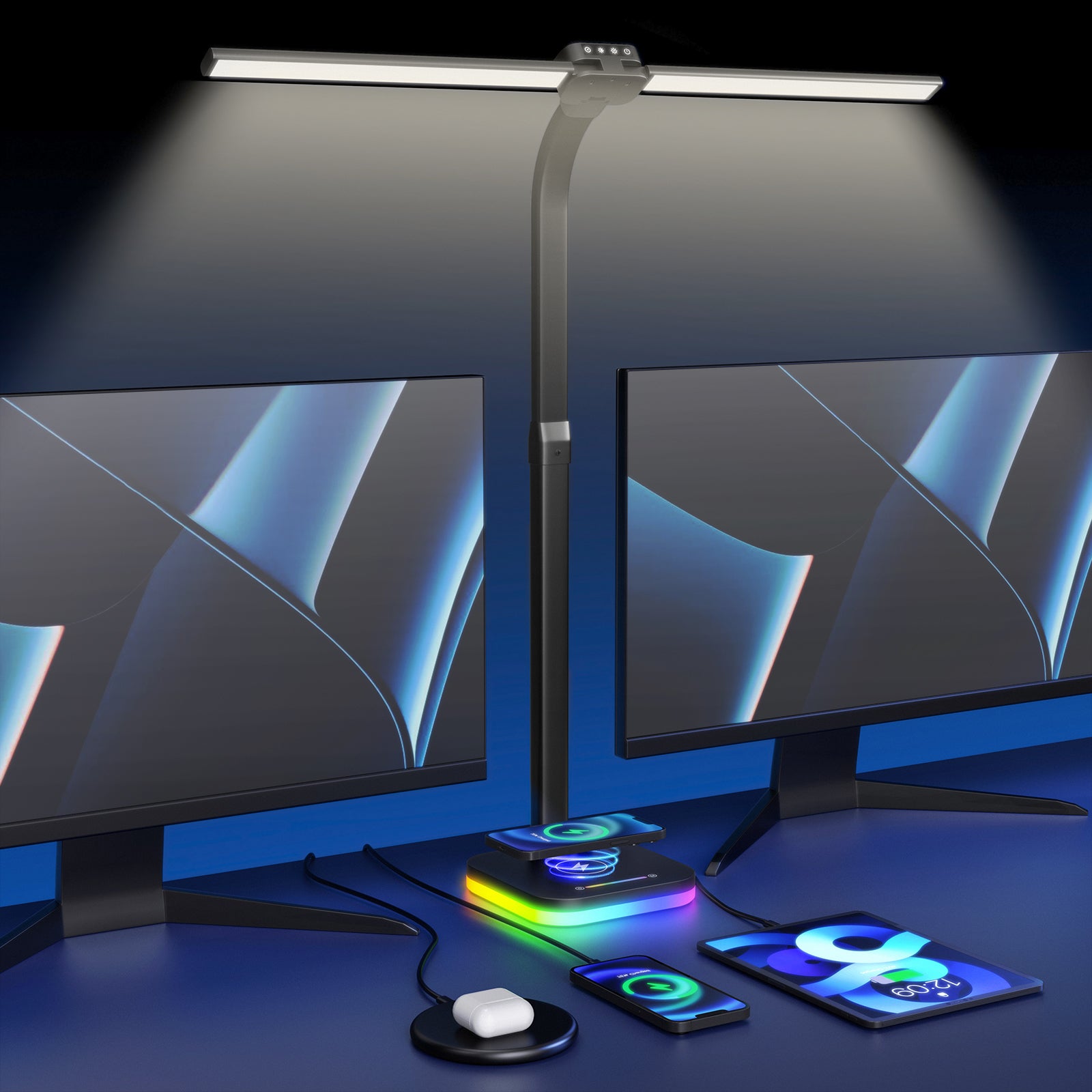 Black Desk Lamp for Office Gaming,Double Head Light for Home＆Office，Adjustable Light Mode and Brightness，Adjustable Height＆Angle in Metal Polwith Wireless Charger＆2 USB and 1 Type-c Ports
