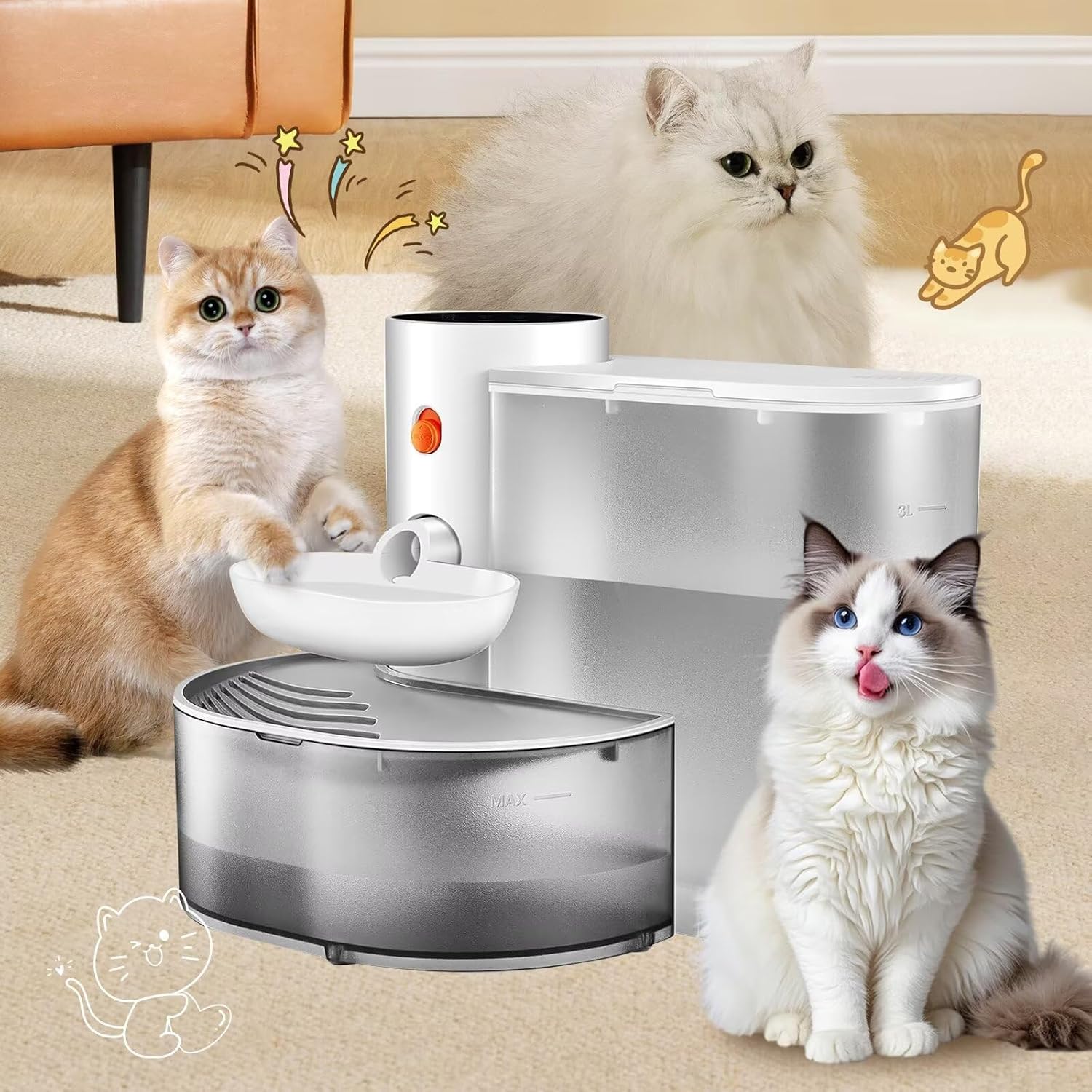 Automatic Cat Water Dispenser: Smart Pet Water Fountain No Filter for Small Dogs - Wireless 3L Rechargeable Smart Cat Fountain - Wastewater Separation