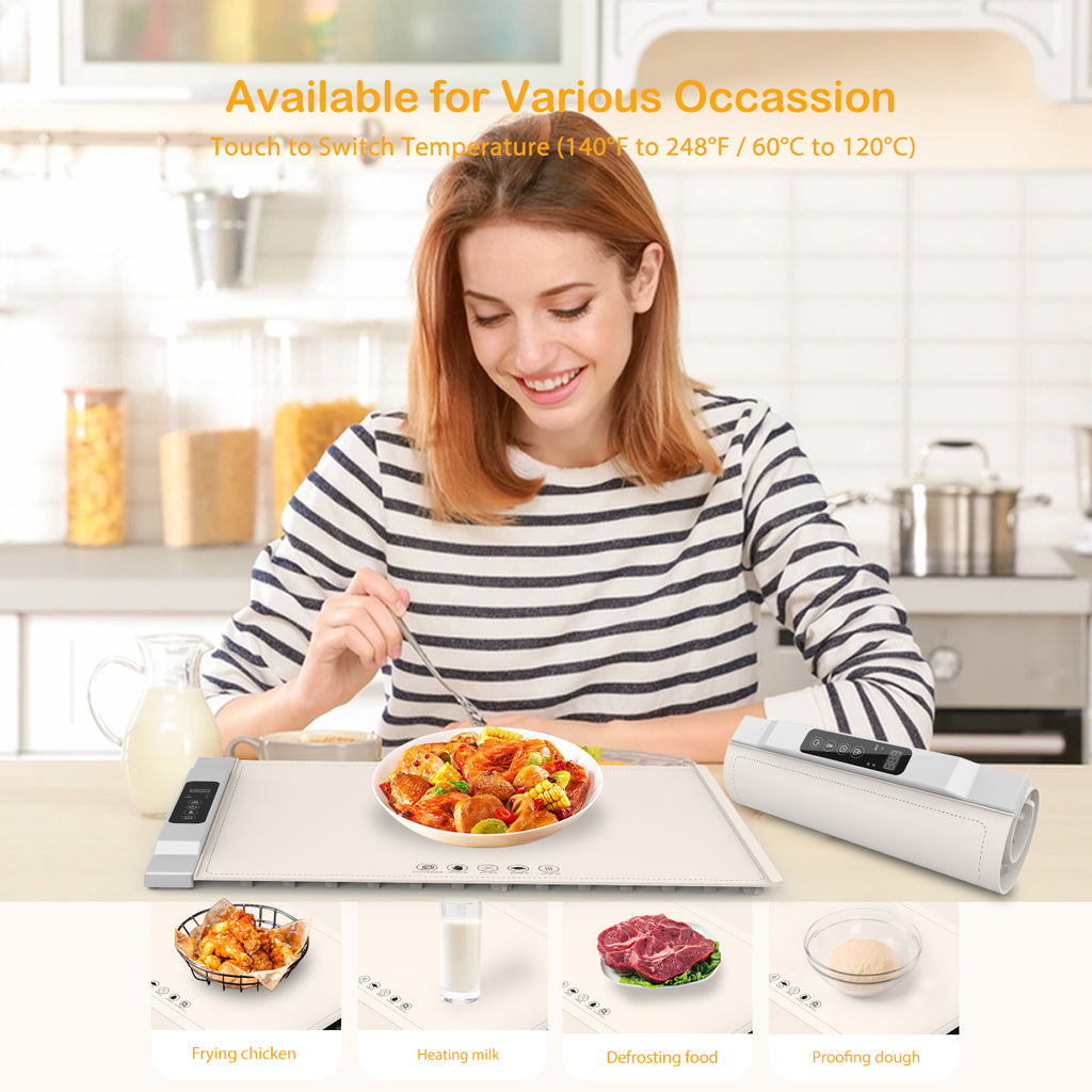 Warming Mat for Food, 2 Pack Food Warming Mat, Adjustable Temperature (7 Levels), 6 Timers, Fast Heating Silicone Tray for Buffets, Parties, Home & Travel Warming Mat for Food with Child Safety Lock