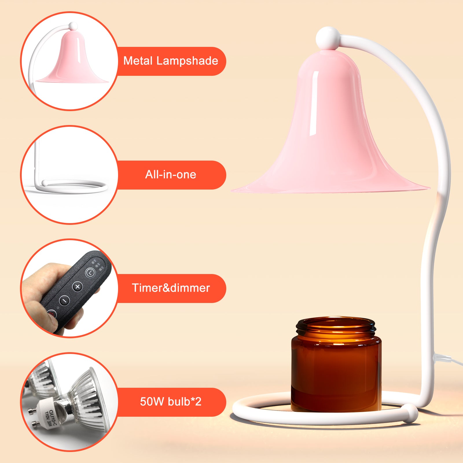 Candle Warmer Lamp for Jar Candles,with Timer and Dimmer,Adjustable Brightness,All Metal Lamp Body,Suitable for Aromatherapy Waxes Pink Trumpet-Shape
