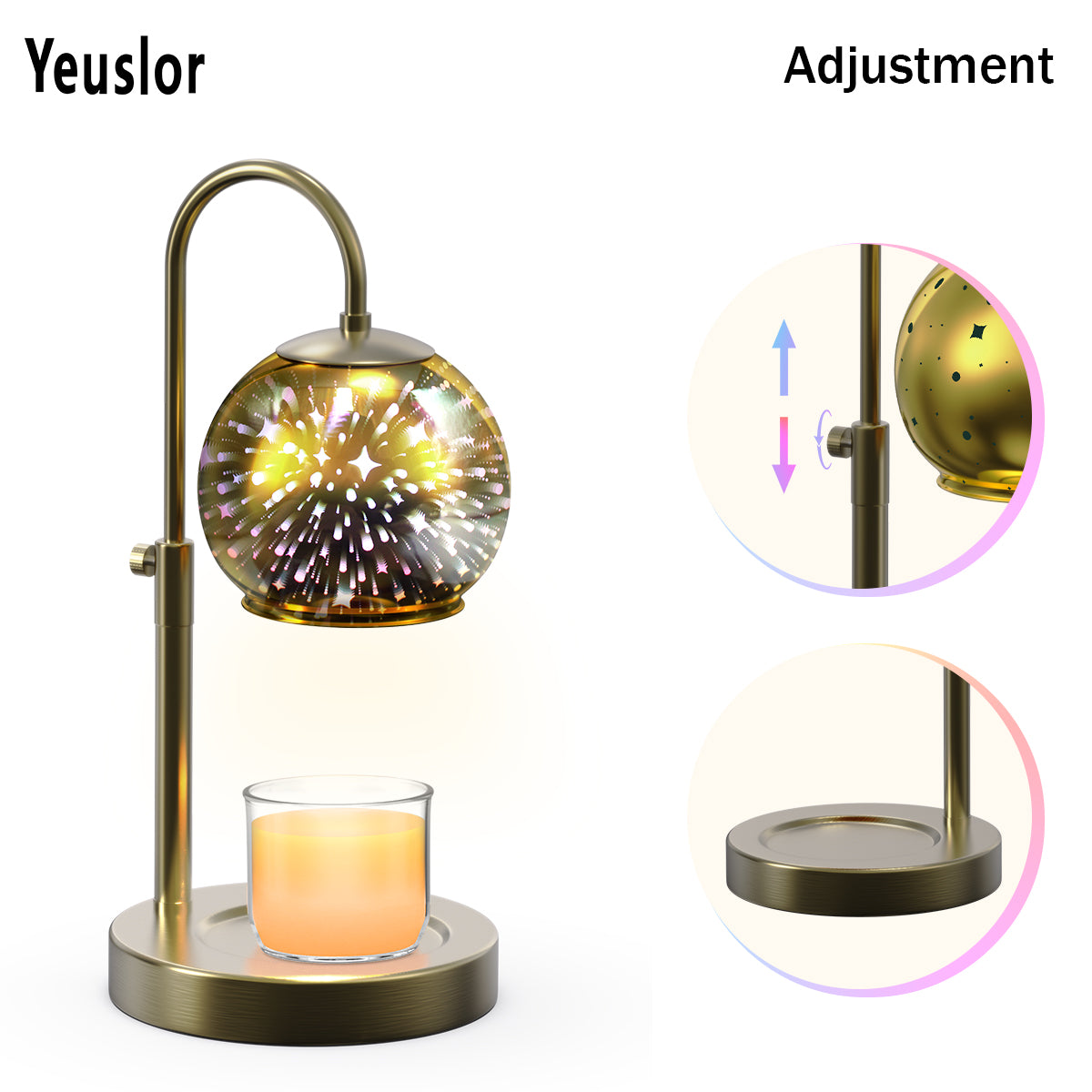 Gold Candle Warmer Lamp with Timer&Dimmer，Star Lampshade with Adjustable Height＆Rotatable Pole，Metal Base for Jar Candles，Wax Melting Electric Warmer Light，Modern Warmer Lantern