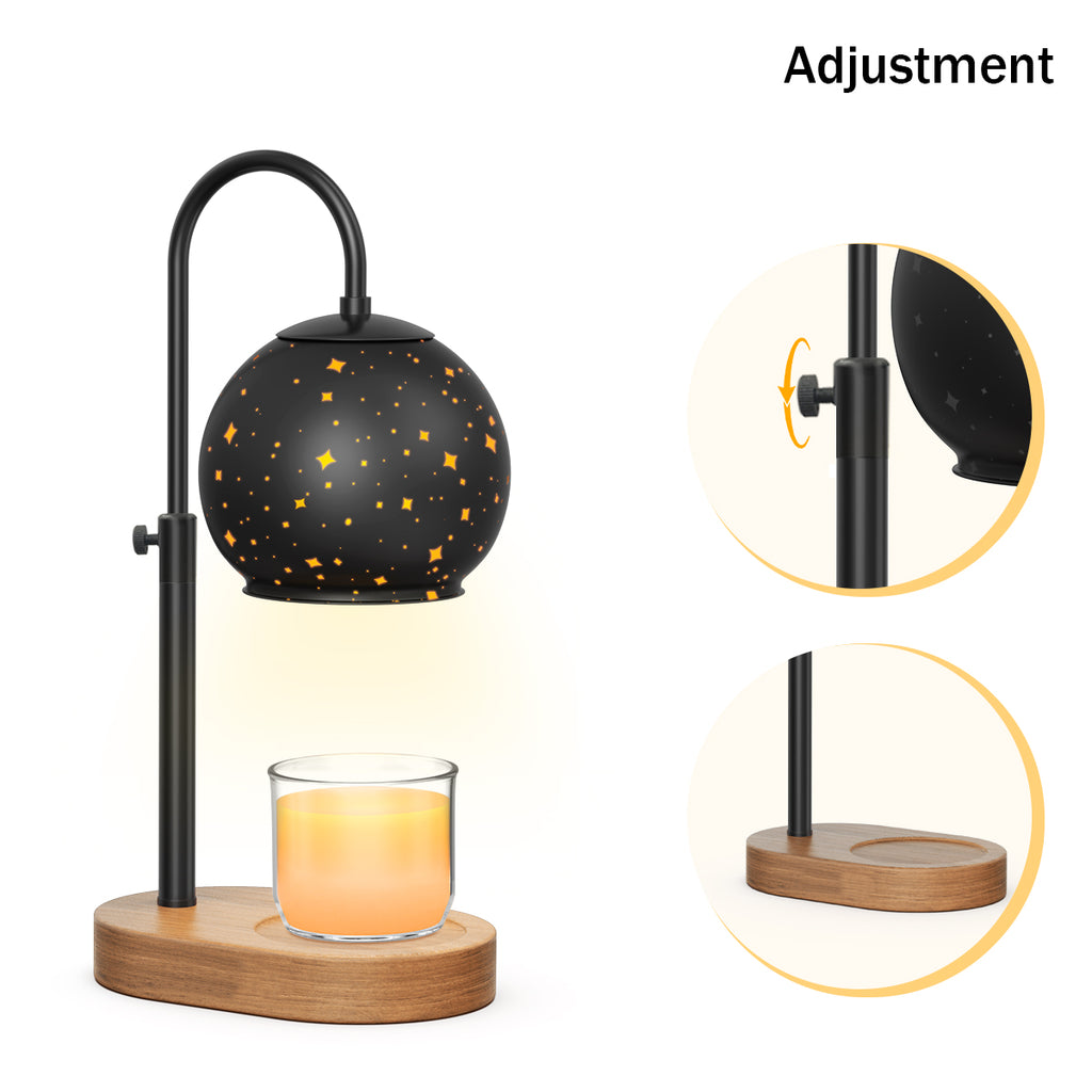 Black Candle Warmer Lamp with Timer&Dimmer，Star Lampshade with Adjustable Height＆Rotatable Pole，Wooden Base for Jar Candles，Wax Melting Electric Warmer Light，Modern Warmer Lantern