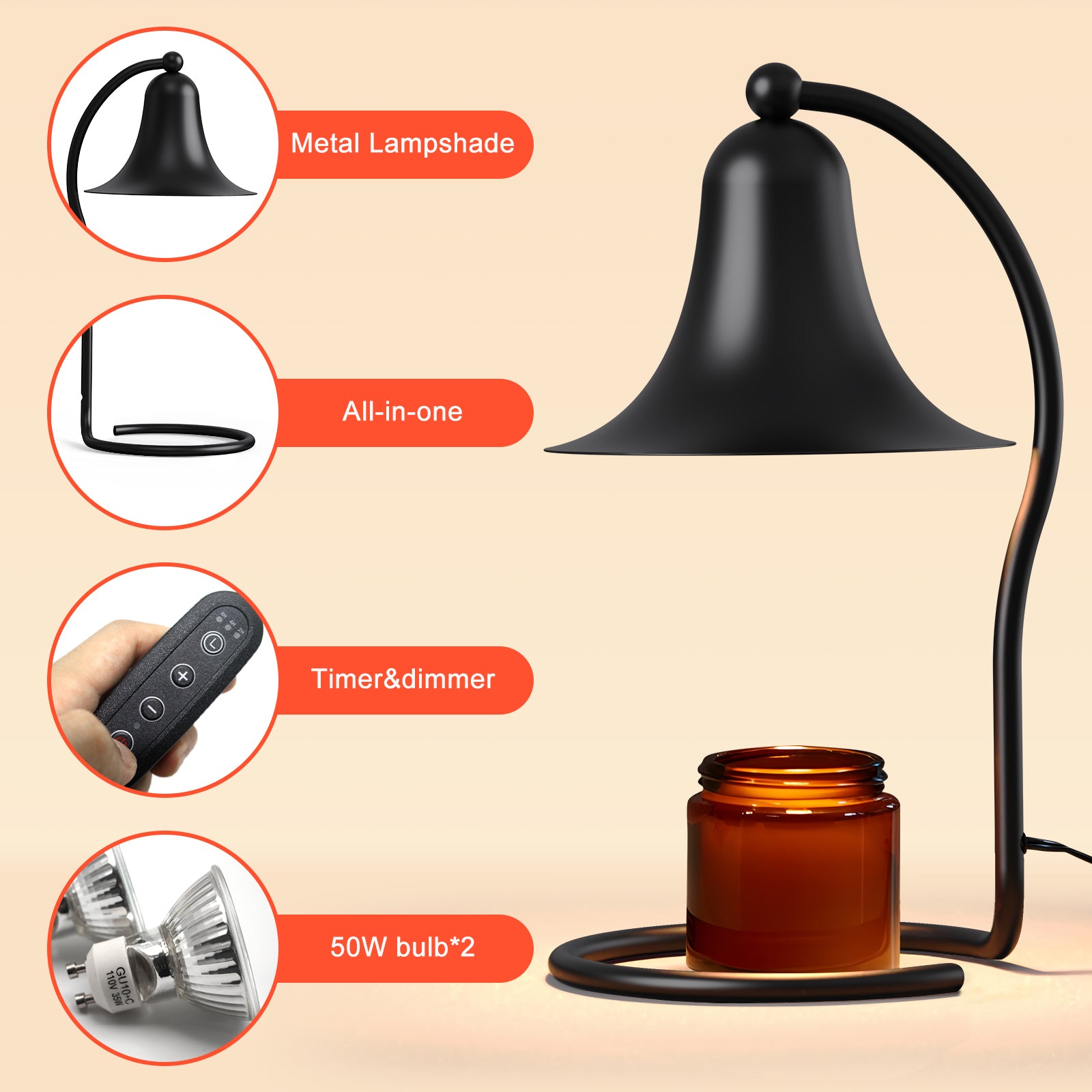 Candle Warmer Lamp for Jar Candles with Timer and Dimmer, Adjustable Brightness, All Metal Lamp Body, Suitable for Aromatherapy Waxes, Black Trumpet-Shaped