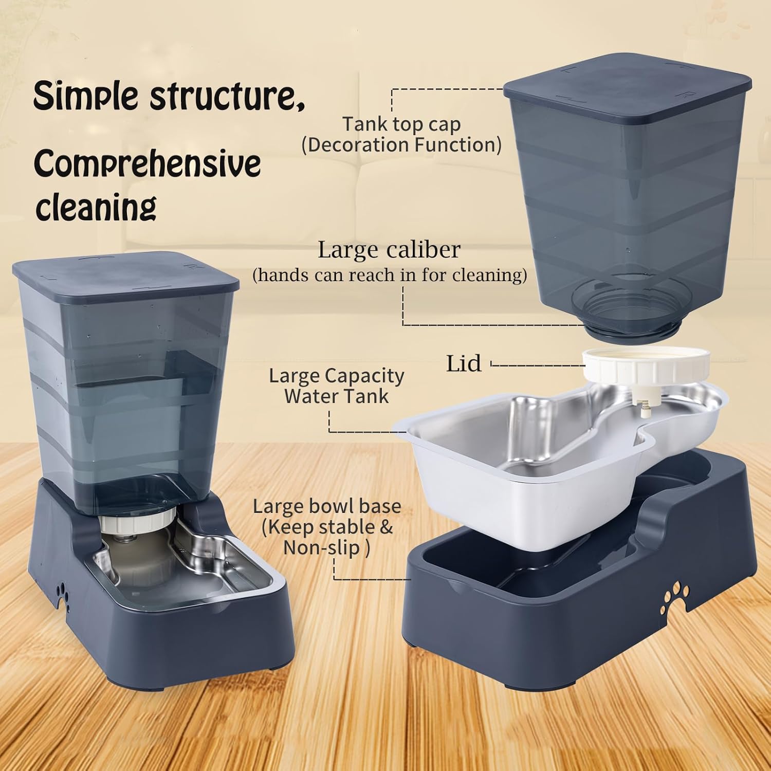 Automatic Dog Cat Water Dispenser Large Capacity 5Lfor Cats and Medium and Large-Sized Dogs with Stainless Steel Bowl (Black, 5L)