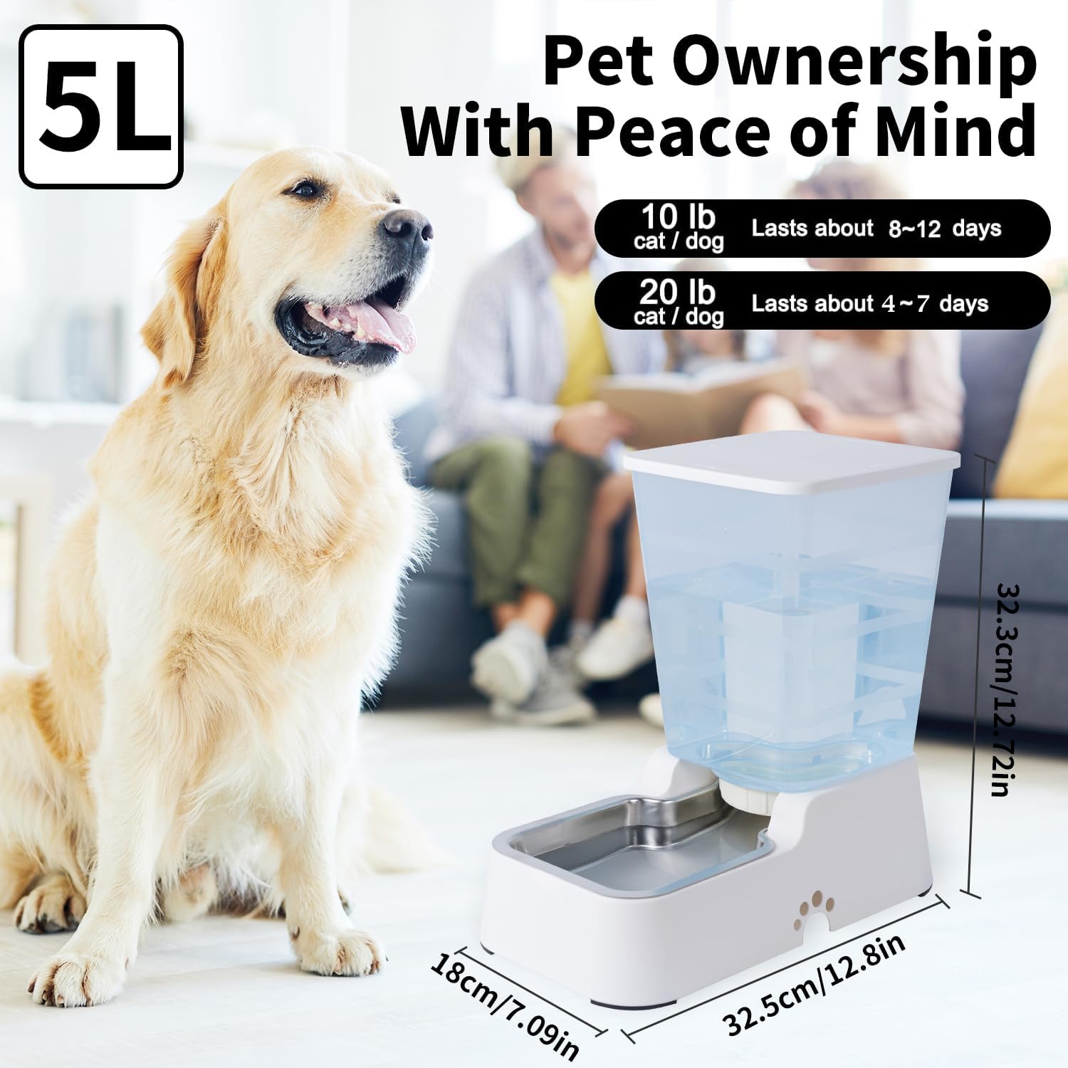 Automatic Dog Cat Water Dispenser Large Capacity 5Lfor Cats and Medium and Large-Sized Dogs with Stainless Steel Bowl (Black, 5L)