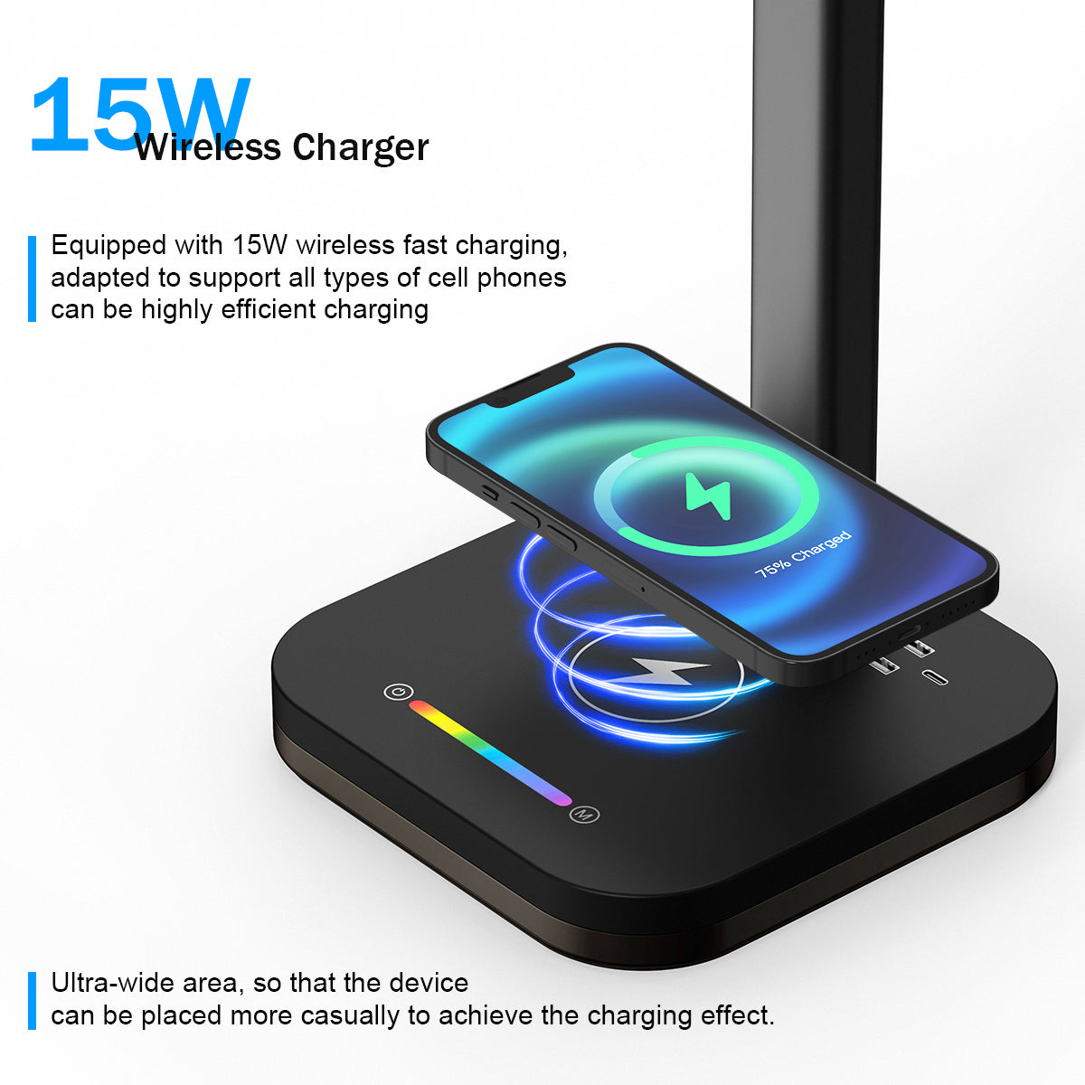 Black Desk Lamp for Office Gaming,Double Head Light for Home＆Office，Adjustable Light Mode and Brightness，Adjustable Height＆Angle in Metal Polwith Wireless Charger＆2 USB and 1 Type-c Ports