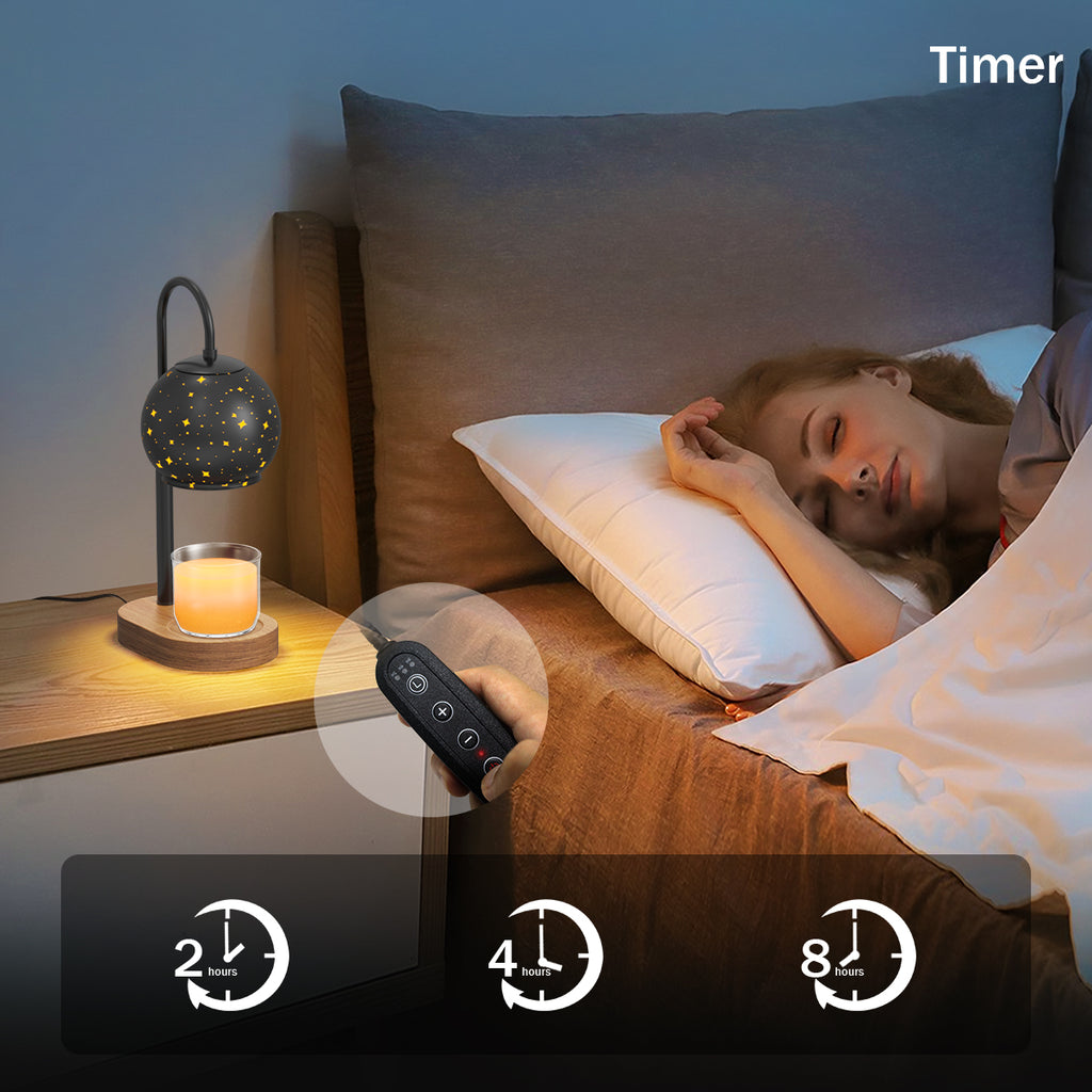 Black Candle Warmer Lamp with Timer&Dimmer，Star Lampshade with Adjustable Height＆Rotatable Pole，Wooden Base for Jar Candles，Wax Melting Electric Warmer Light，Modern Warmer Lantern