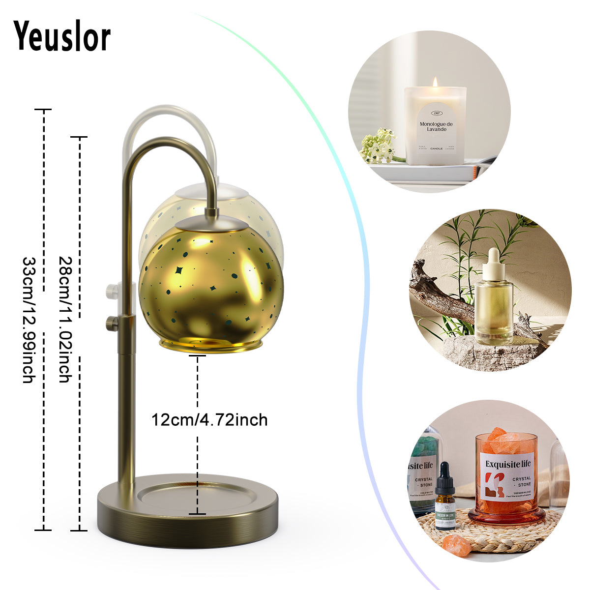 Gold Candle Warmer Lamp with Timer&Dimmer，Star Lampshade with Adjustable Height＆Rotatable Pole，Metal Base for Jar Candles，Wax Melting Electric Warmer Light，Modern Warmer Lantern