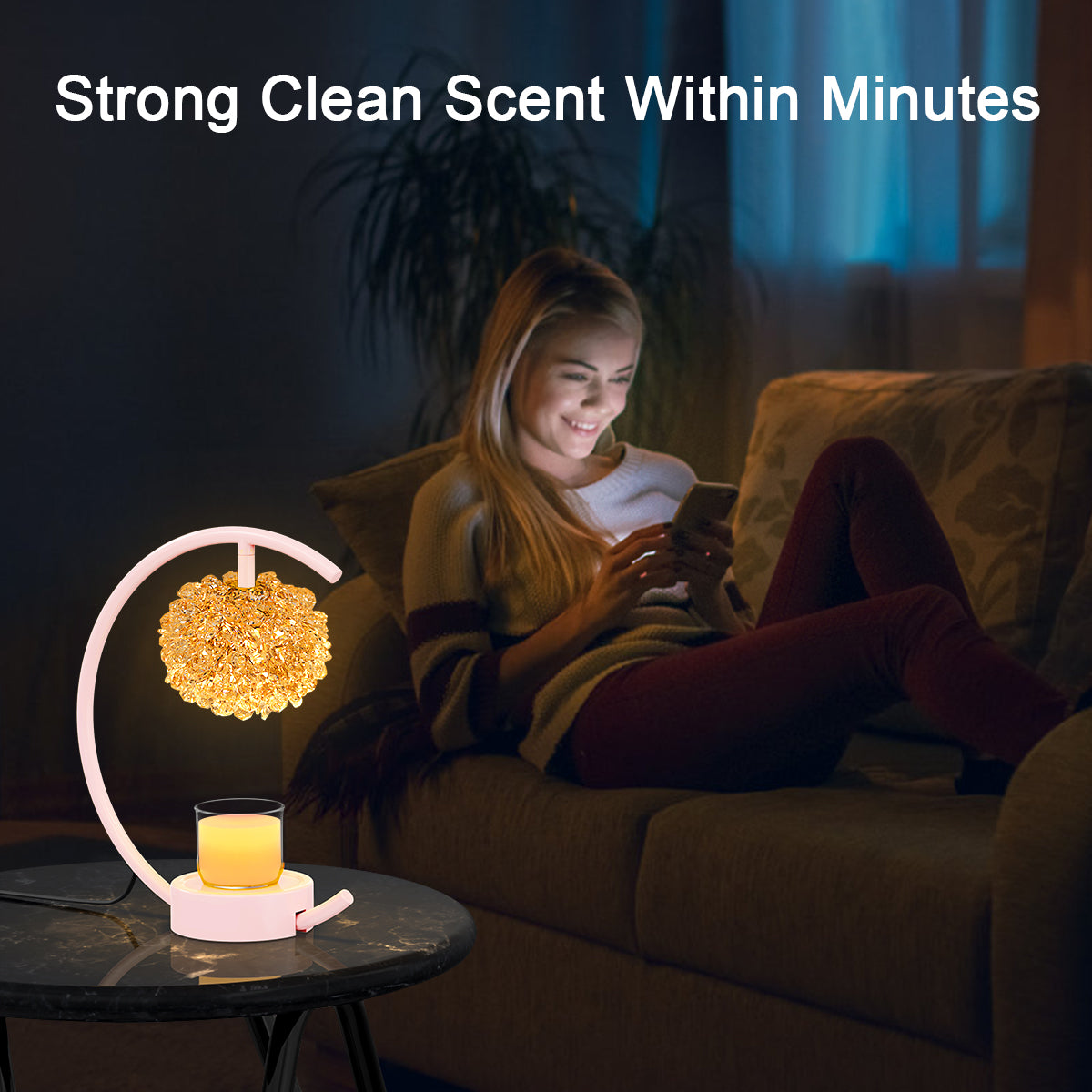 Pink Candle Warmer Lamp for Jar Candles with Adjustable Brightness＆Timer，Handcrafted Crystal＆Wooden Base,Candle Lamp Luxurious Design+2Bulbs,Home Decoration Electric Candle lamp