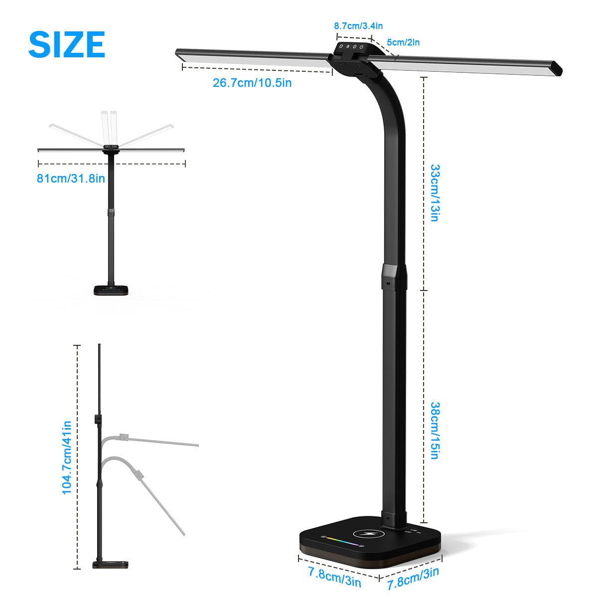 Black Desk Lamp for Office Gaming,Double Head Light for Home＆Office，Adjustable Light Mode and Brightness，Adjustable Height＆Angle in Metal Polwith Wireless Charger＆2 USB and 1 Type-c Ports