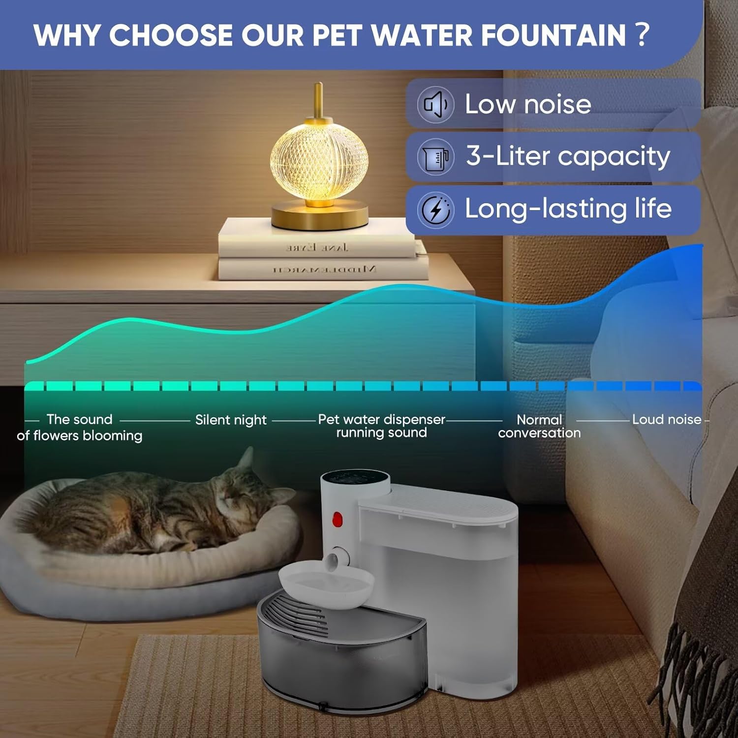 Automatic Cat Water Dispenser: Smart Pet Water Fountain No Filter for Small Dogs - Wireless 3L Rechargeable Smart Cat Fountain - Wastewater Separation