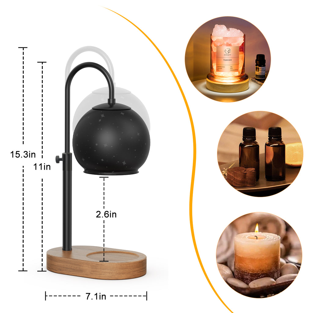 Black Candle Warmer Lamp with Timer&Dimmer，Star Lampshade with Adjustable Height＆Rotatable Pole，Wooden Base for Jar Candles，Wax Melting Electric Warmer Light，Modern Warmer Lantern