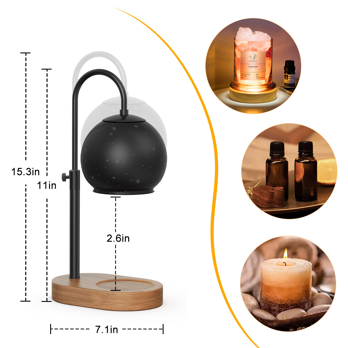 Black Candle Warmer Lamp with Timer&Dimmer，Star Lampshade with Adjustable Height＆Rotatable Pole，Wooden Base for Jar Candles，Wax Melting Electric Warmer Light，Modern Warmer Lantern