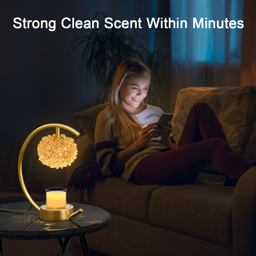 Bronze Candle Warmer Lamp for Jar Candles with Adjustable Brightness＆Timer，Handcrafted Crystal＆Wooden Base,Candle Lamp Luxurious Design+2Bulbs,Home Decoration Electric Candle lamp