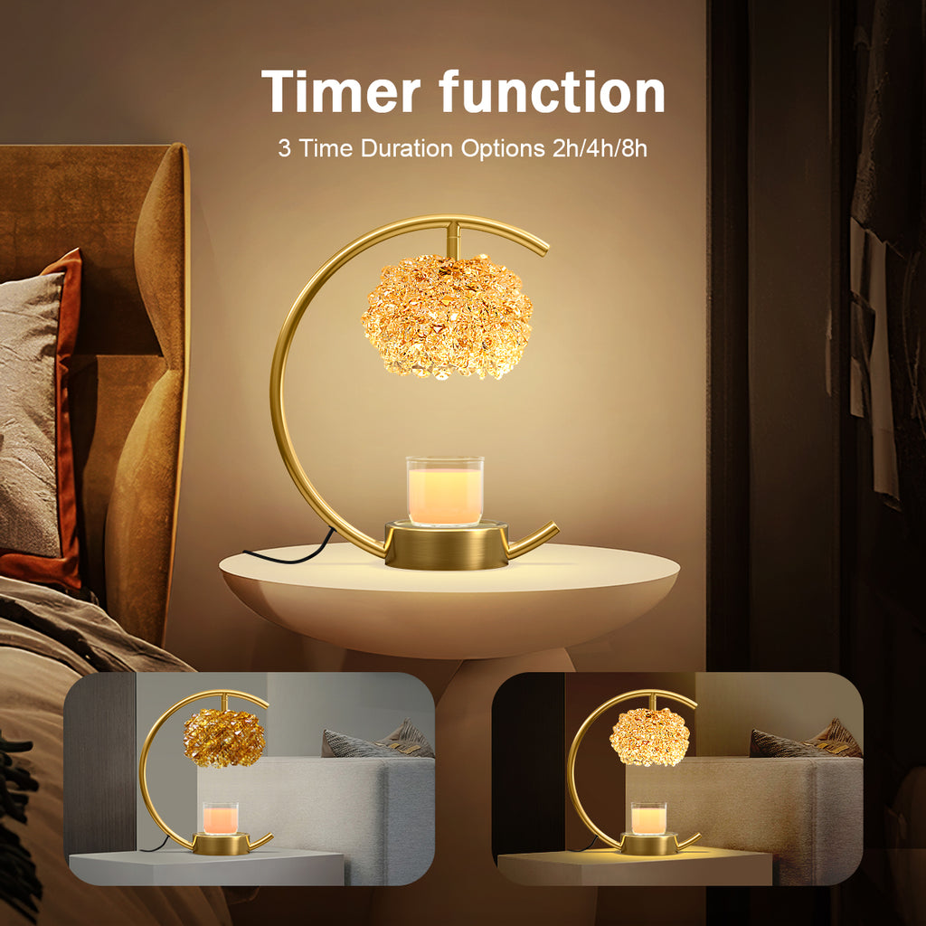 Bronze Candle Warmer Lamp for Jar Candles with Adjustable Brightness＆Timer，Handcrafted Crystal＆Wooden Base,Candle Lamp Luxurious Design+2Bulbs,Home Decoration Electric Candle lamp