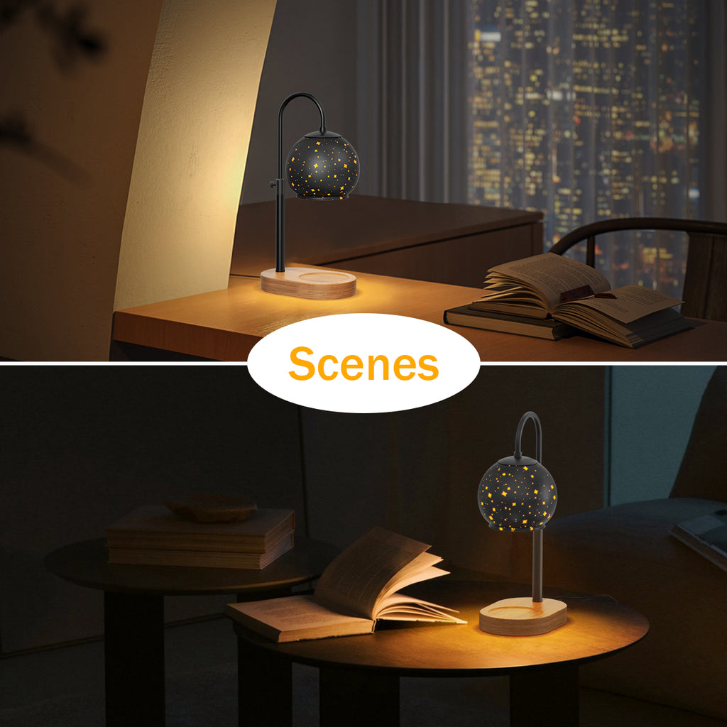 Black Candle Warmer Lamp with Timer&Dimmer，Star Lampshade with Adjustable Height＆Rotatable Pole，Wooden Base for Jar Candles，Wax Melting Electric Warmer Light，Modern Warmer Lantern