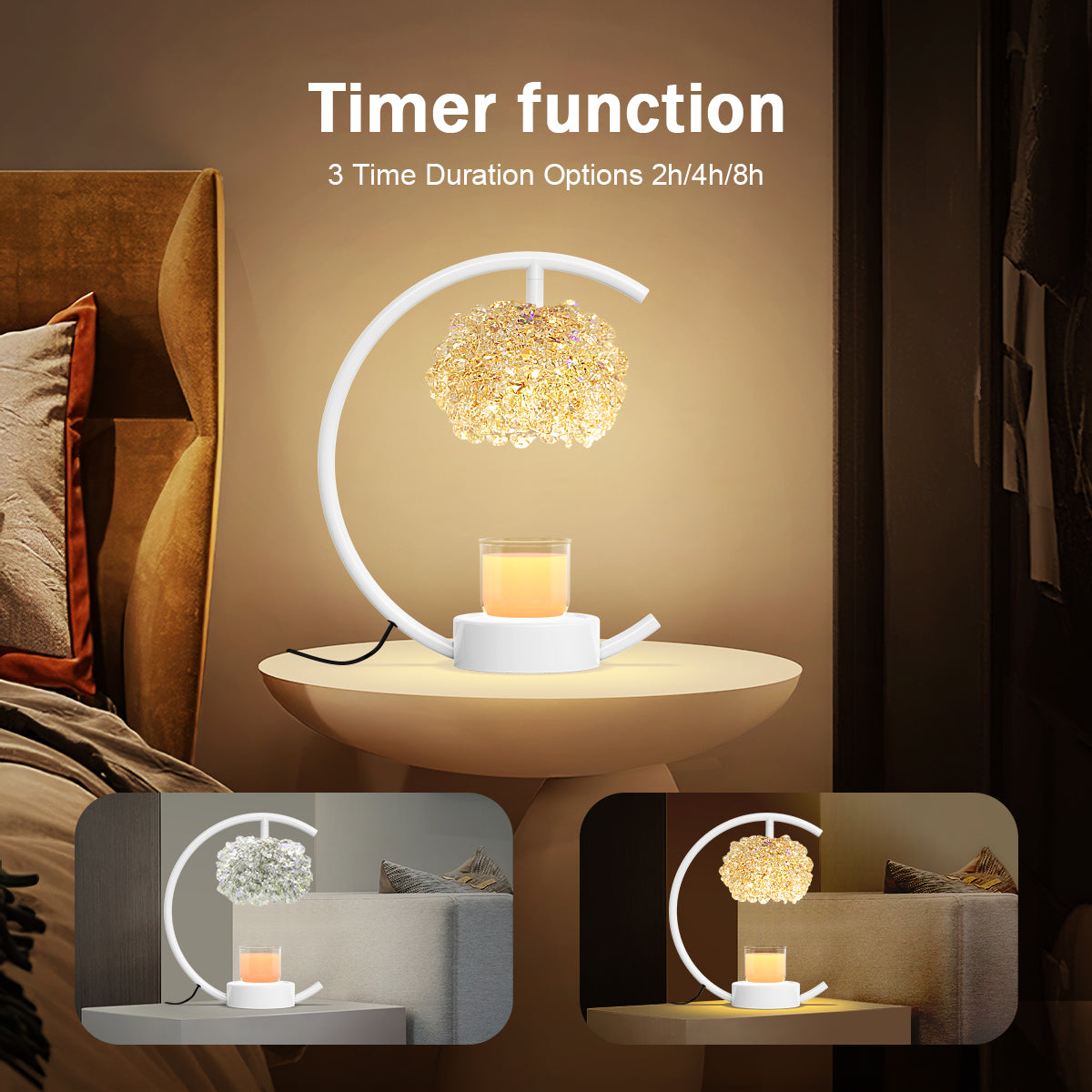 White Candle Warmer Lamp for Jar Candles with Adjustable Brightness＆Timer，Handcrafted Crystal＆Wooden Base,Candle Lamp Luxurious Design+2Bulbs,Home Decoration Electric Candle lamp