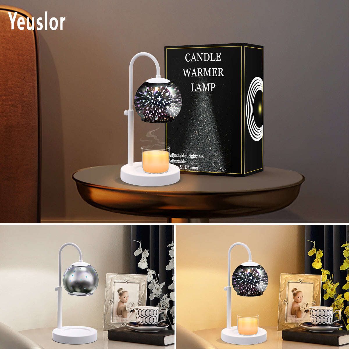Silver Candle Warmer Lamp with Timer&Dimmer，Star Lampshade with Adjustable Height＆Rotatable Pole，Metal Base for Jar Candles，Wax Melting Electric Warmer Light，Modern Warmer Lantern