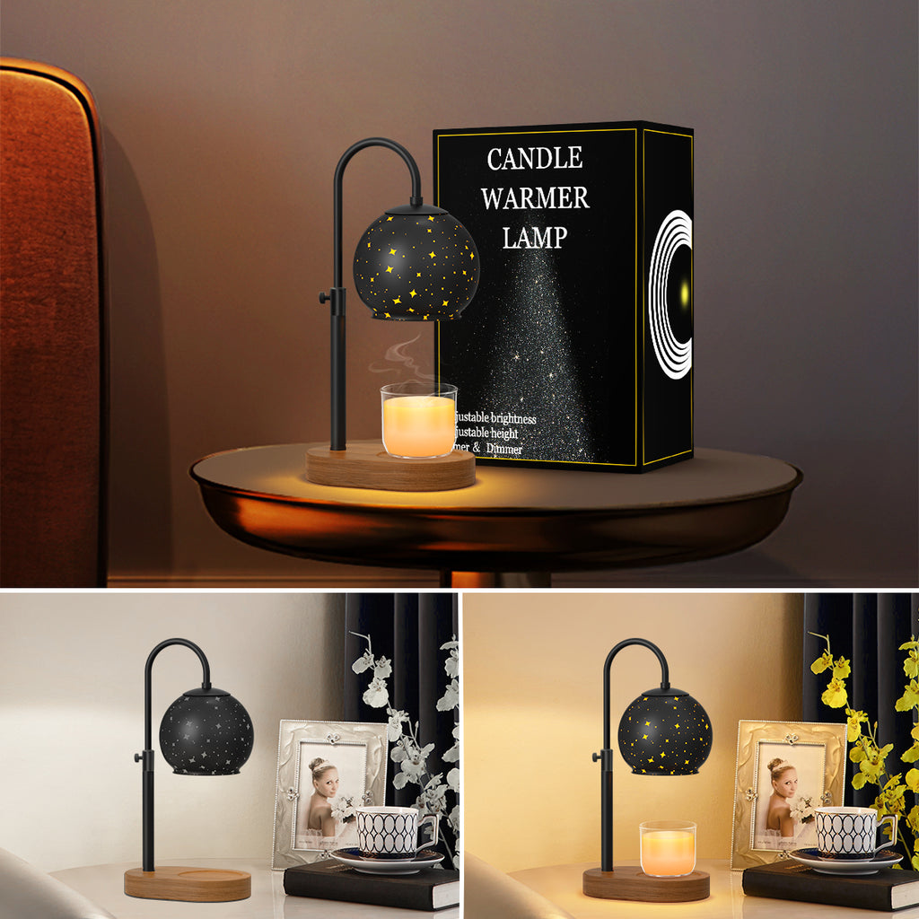 Black Candle Warmer Lamp with Timer&Dimmer，Star Lampshade with Adjustable Height＆Rotatable Pole，Wooden Base for Jar Candles，Wax Melting Electric Warmer Light，Modern Warmer Lantern