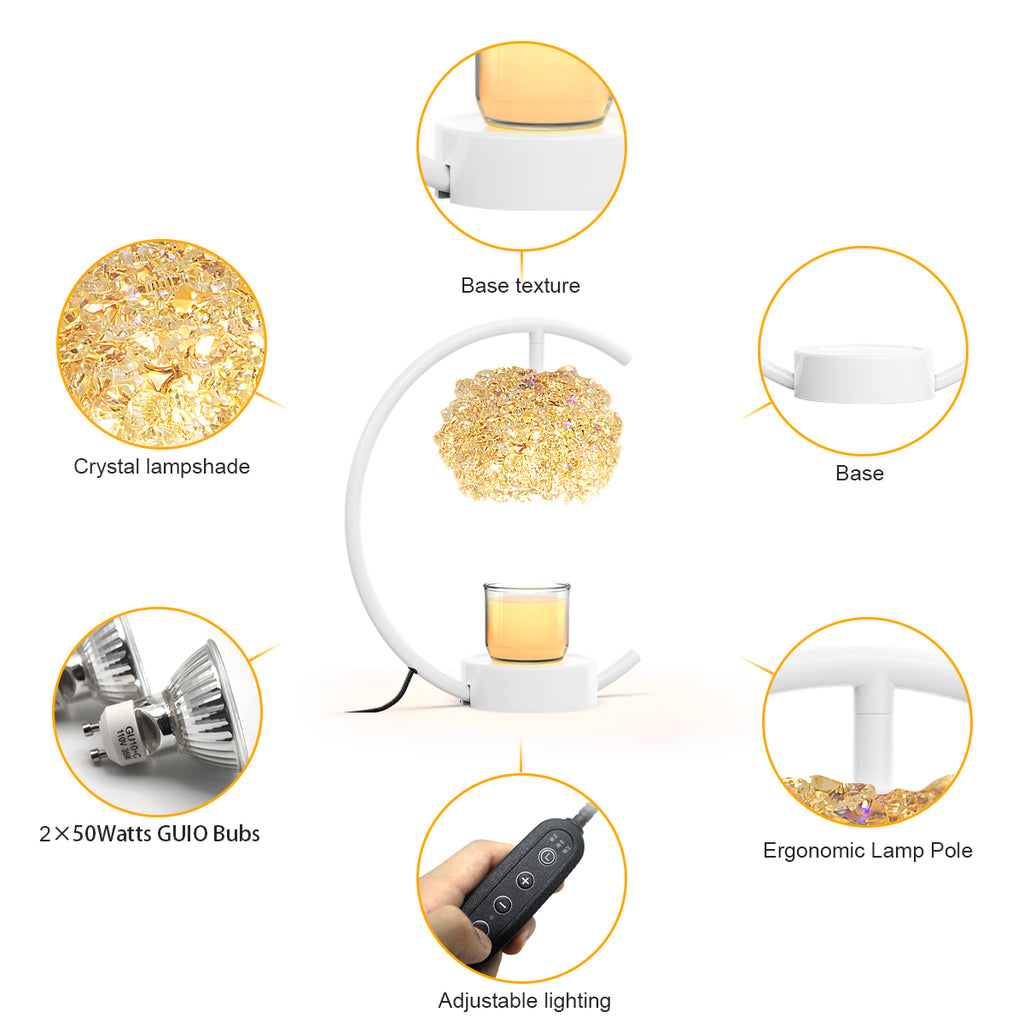 White Candle Warmer Lamp for Jar Candles with Adjustable Brightness＆Timer，Handcrafted Crystal＆Wooden Base,Candle Lamp Luxurious Design+2Bulbs,Home Decoration Electric Candle lamp