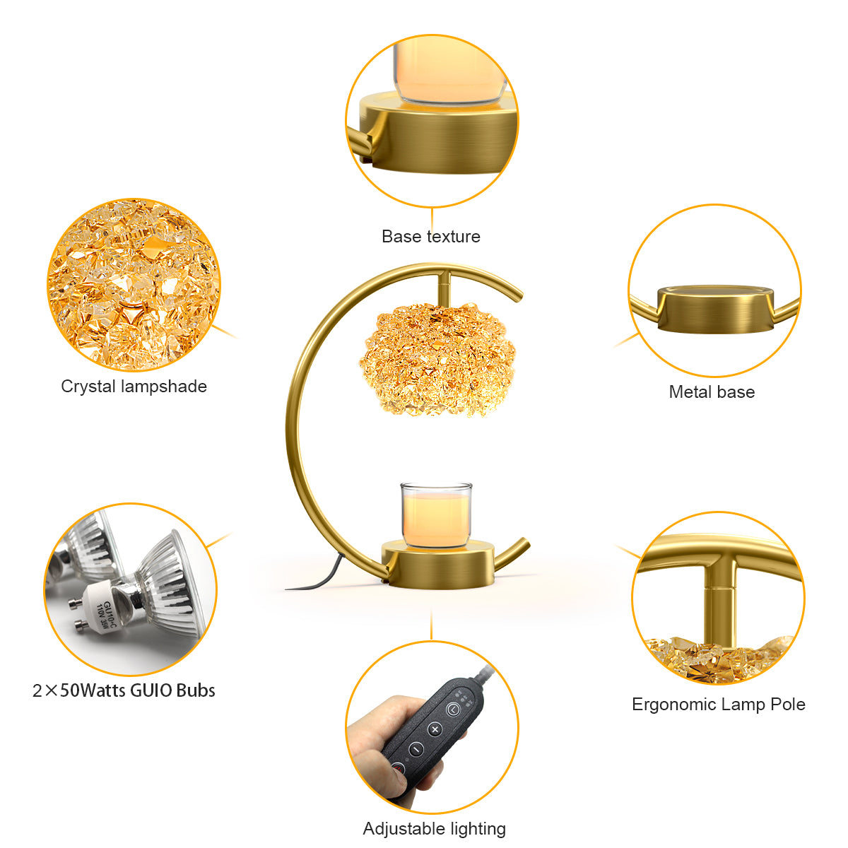 Bronze Candle Warmer Lamp for Jar Candles with Adjustable Brightness＆Timer，Handcrafted Crystal＆Wooden Base,Candle Lamp Luxurious Design+2Bulbs,Home Decoration Electric Candle lamp