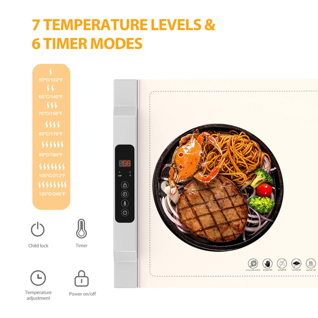 Warming Mat for Food, 2 Pack Food Warming Mat, Adjustable Temperature (7 Levels), 6 Timers, Fast Heating Silicone Tray for Buffets, Parties, Home & Travel Warming Mat for Food with Child Safety Lock